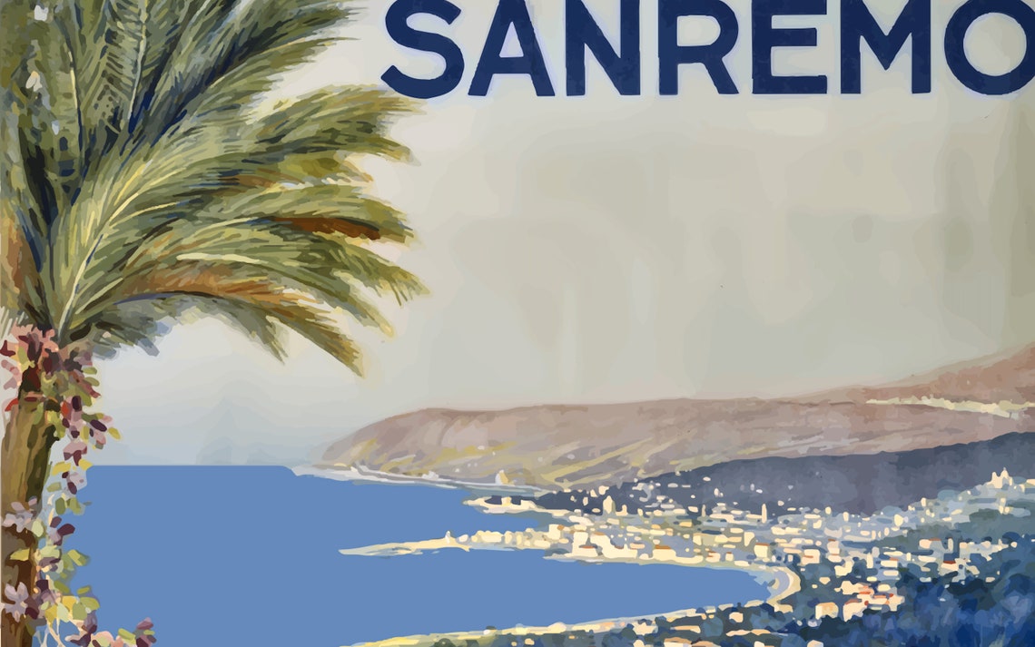 Vintage Travel Poster Sanremo Italy Retro Art Coastal Italian Landscape Painting Mediterranean Sea Art Print Terrace Flowers Artwork - Image 2