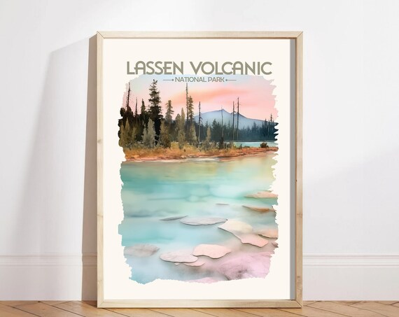Lassen Volcanic National Park Watercolor Lake Pastel Travel Poster