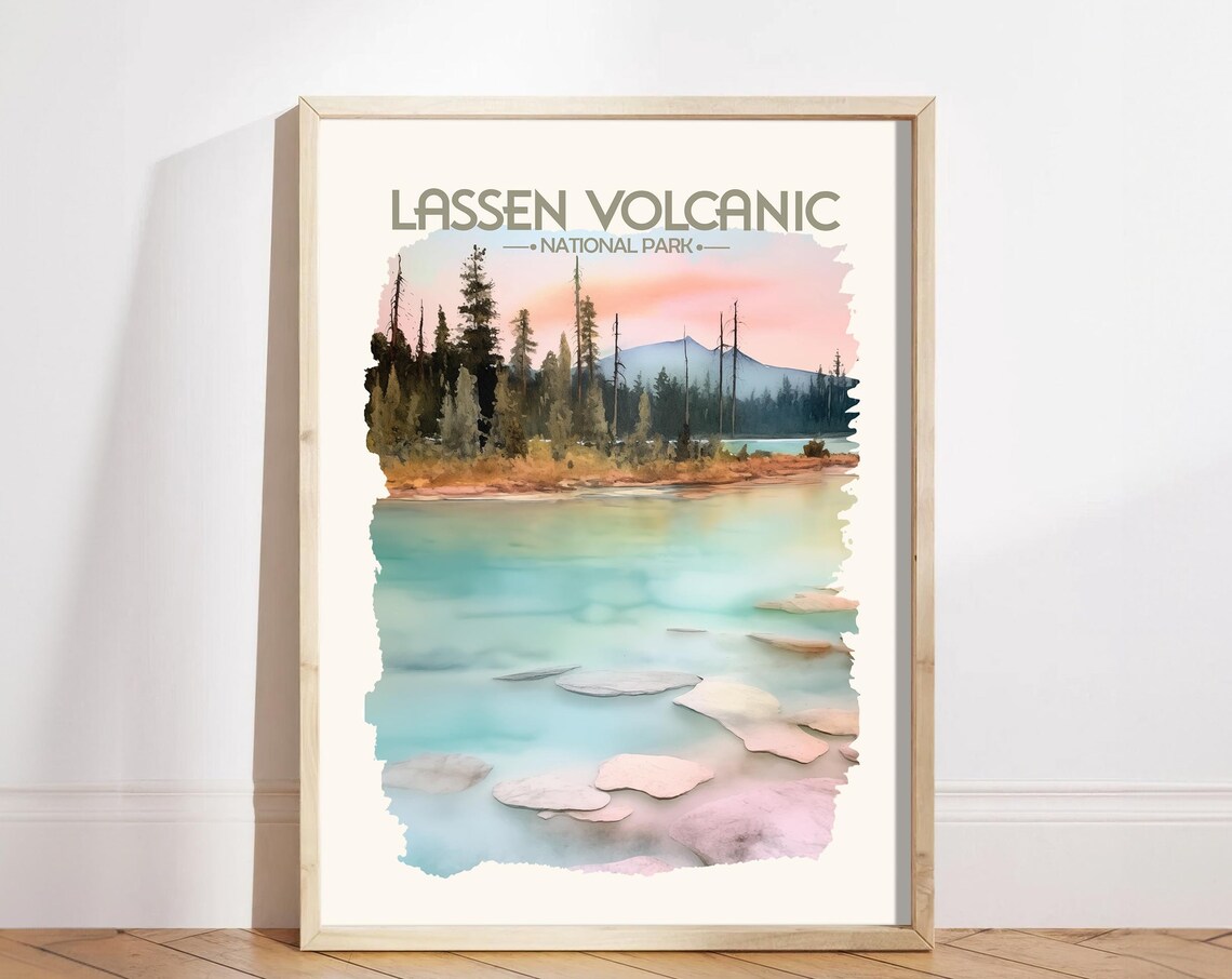 Lassen Volcanic National Park Watercolor Lake Pastel Travel Poster