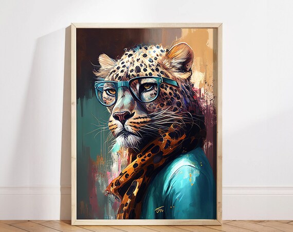 Fashion Designer Leopard Portrait Royal Pet Painting Animal Human Body Poster Altered Art Print Unique