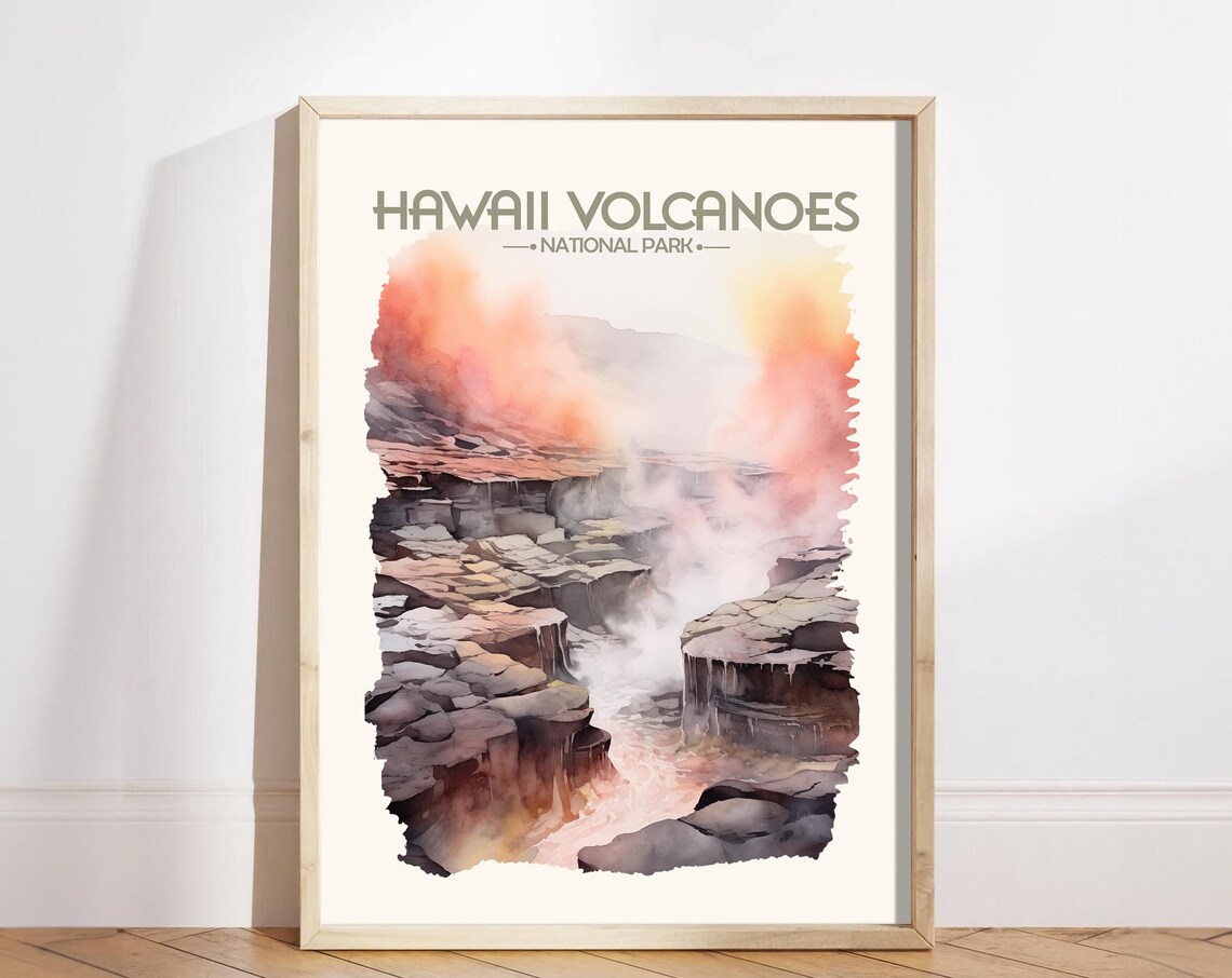 Hawaii Volcanoes National Park Watercolor Travel Poster