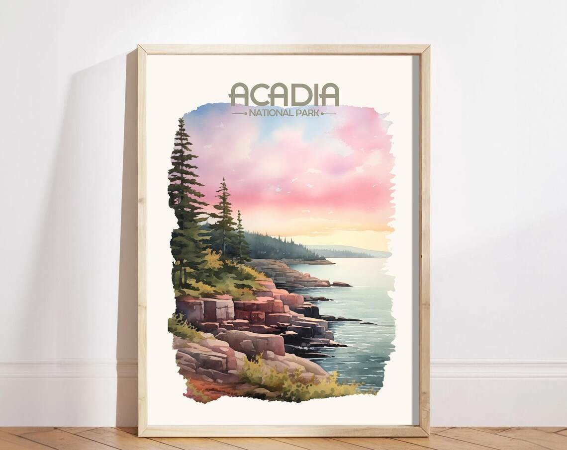 Acadia National Park Rocky Coastline Watercolor Maine Travel Poster