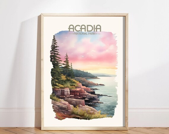 Acadia National Park Rocky Coastline Watercolor Maine Travel Poster