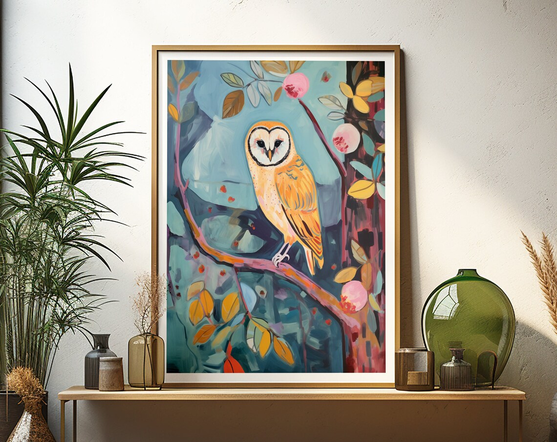 Golden Barn Owl on a Branch Teal Whimsical Wildlife Art Poster
