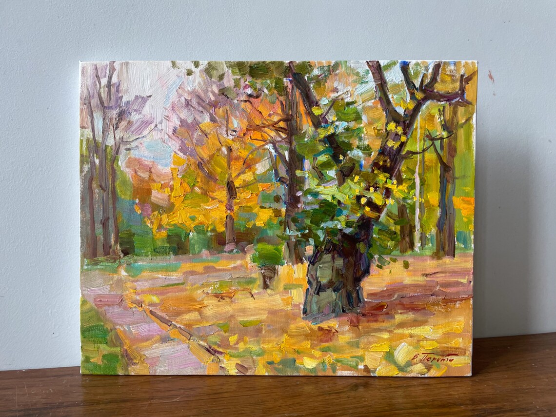 Autumn Park Old Tree Golden Leaves Path Impressionist Oil Painting Art