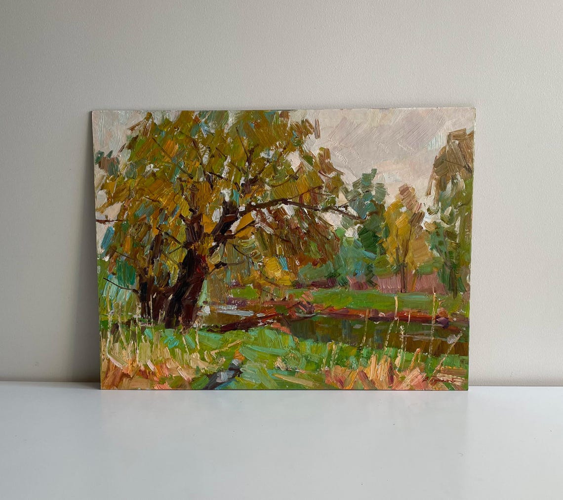 Spring Riverbank Big Tree Green Meadow Impressionist Oil Painting Art