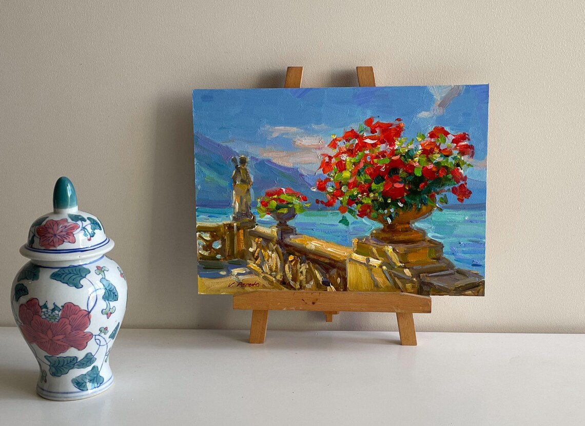 Mediterranean Terrace Red Geraniums Sea View Oil Painting Coastal Art - Image 5