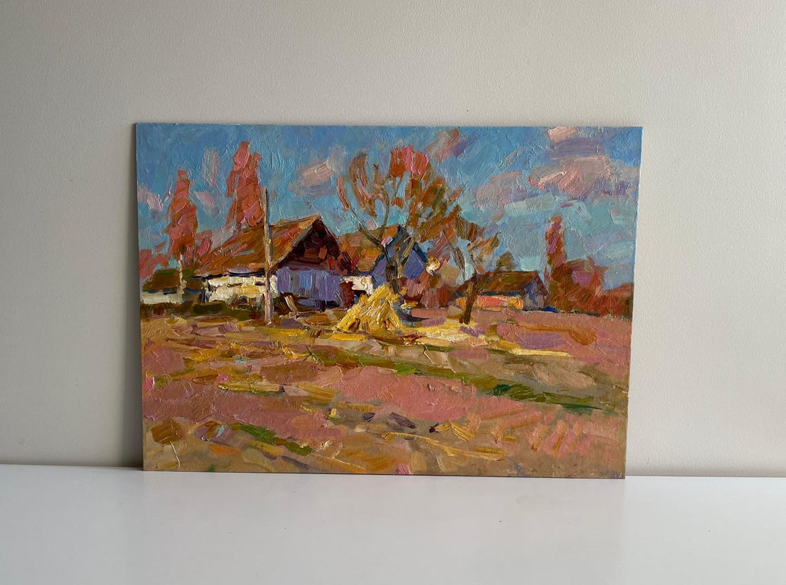 Rural Village Wooden House Haystack Autumn Impressionist Oil Painting - Image 3
