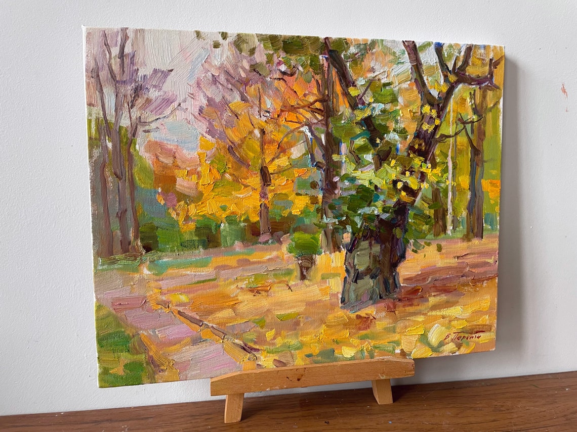 Autumn Park Old Tree Golden Leaves Path Impressionist Oil Painting Art - Image 2