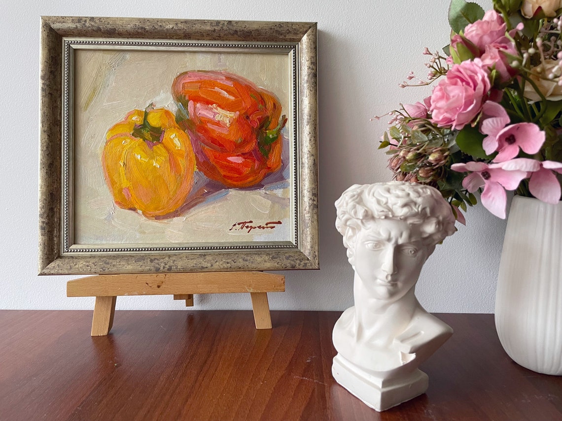 Yellow Red Bell Peppers Framed Still Life Oil Painting Kitchen Decor - Image 5