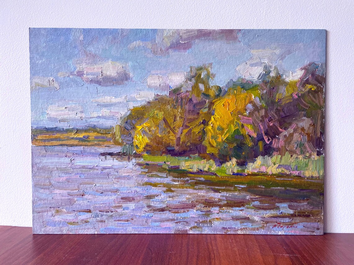 Autumn River Golden Trees Lavender Water Impressionist Oil Painting