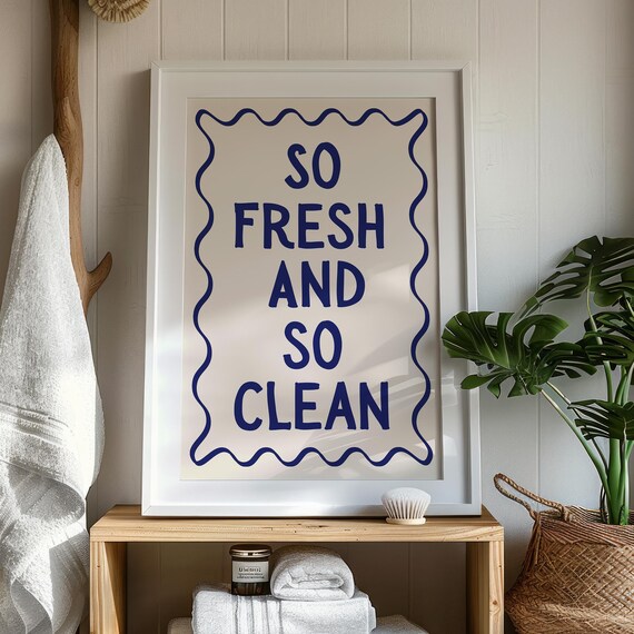 So Fresh And So Clean Art Print Typography Bathroom Poster Preppy Bathroom Print Shower Decor Bathroom Poster Retro Wall Art