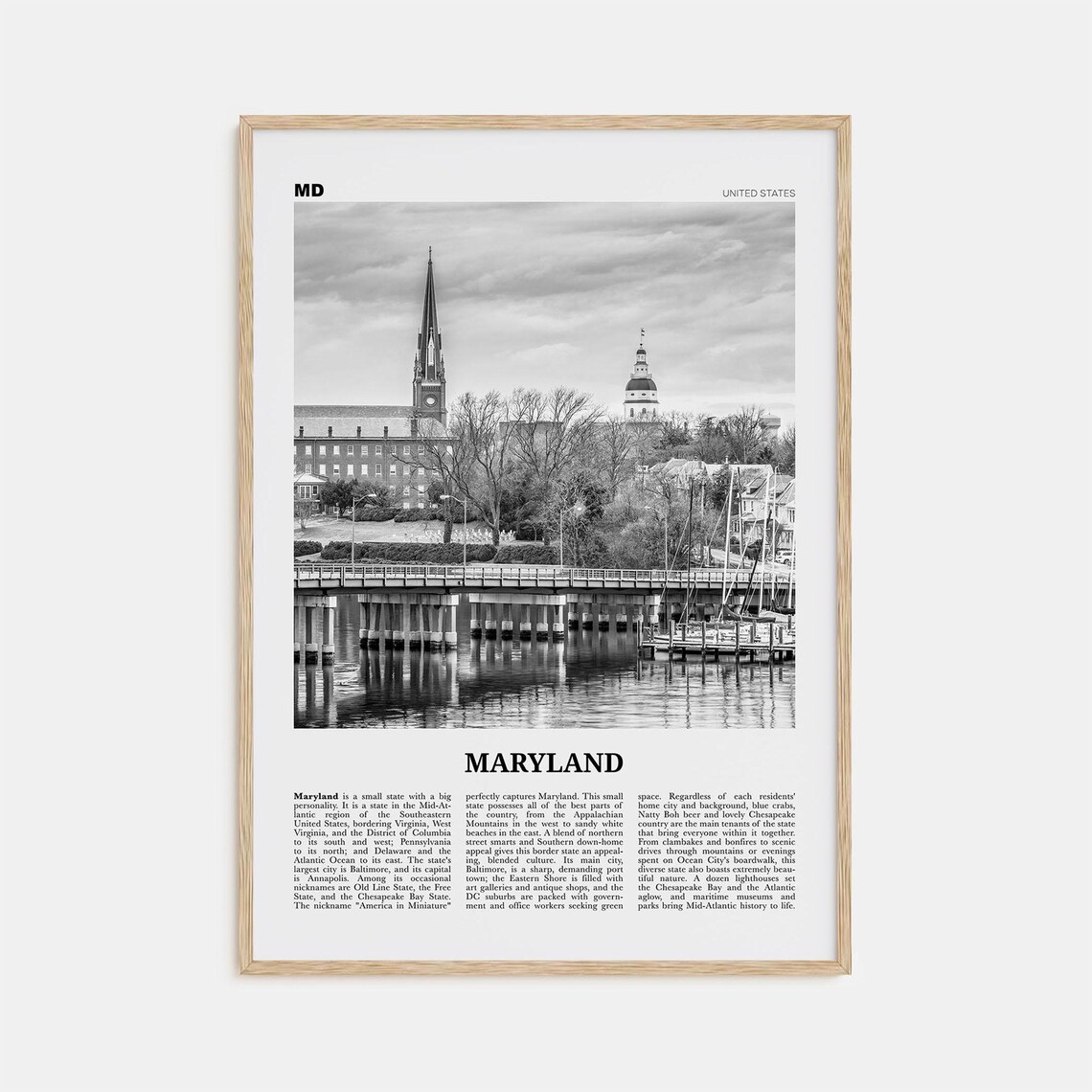 Maryland Black and White Art Print, USA Wall Art