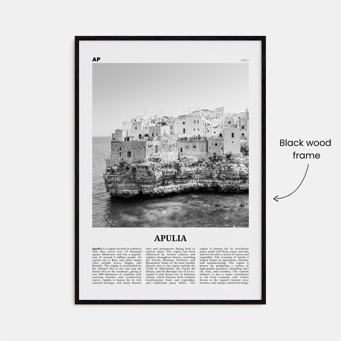 Apulia Black And White Travel Poster, Italy Map - Image 3