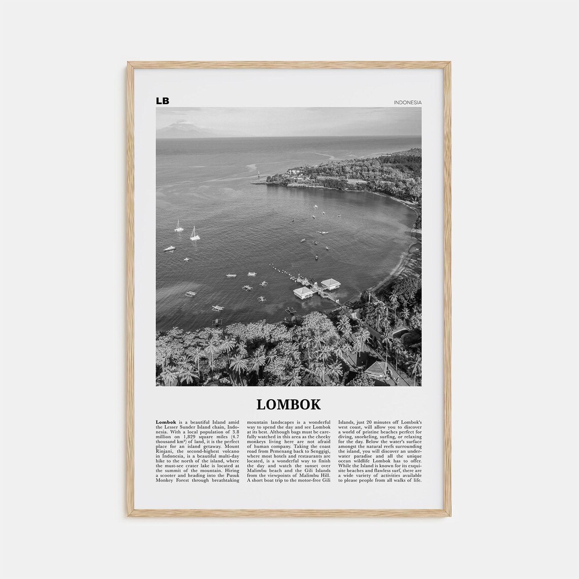Lombok Black and White Map Art Print, Indonesia