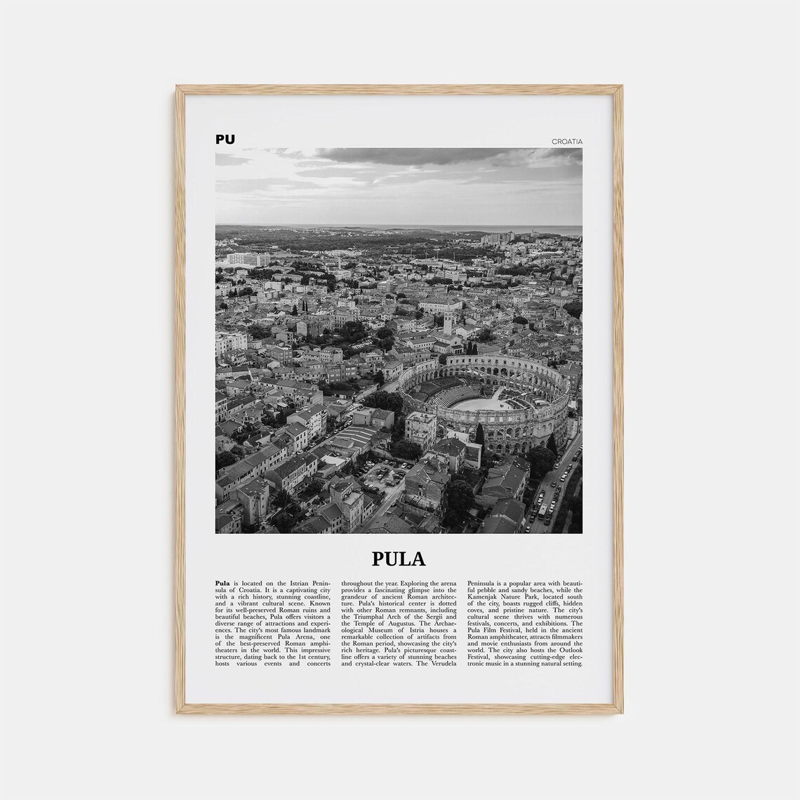 Pula Black And White Map, Croatia Travel Poster