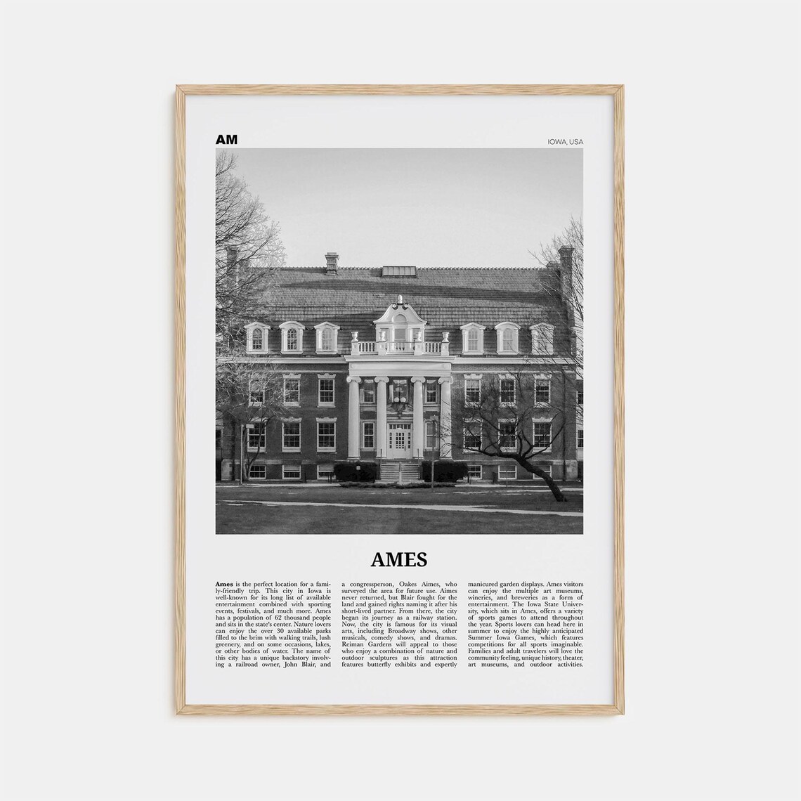 Ames Black and White Map Wall Art Print, Iowa USA