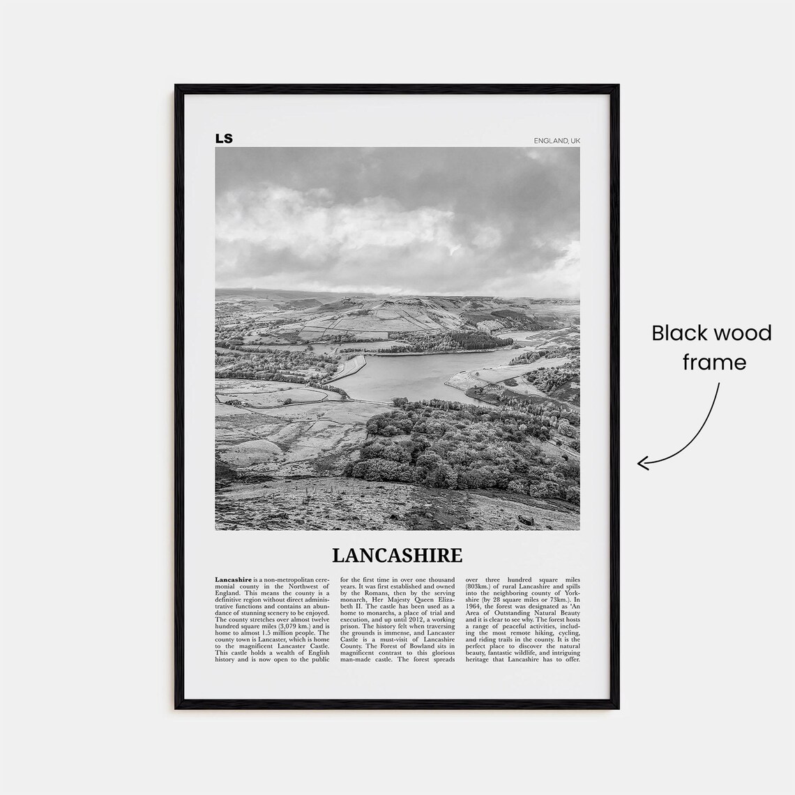 Lancashire Black and White Map Art Print - Image 3