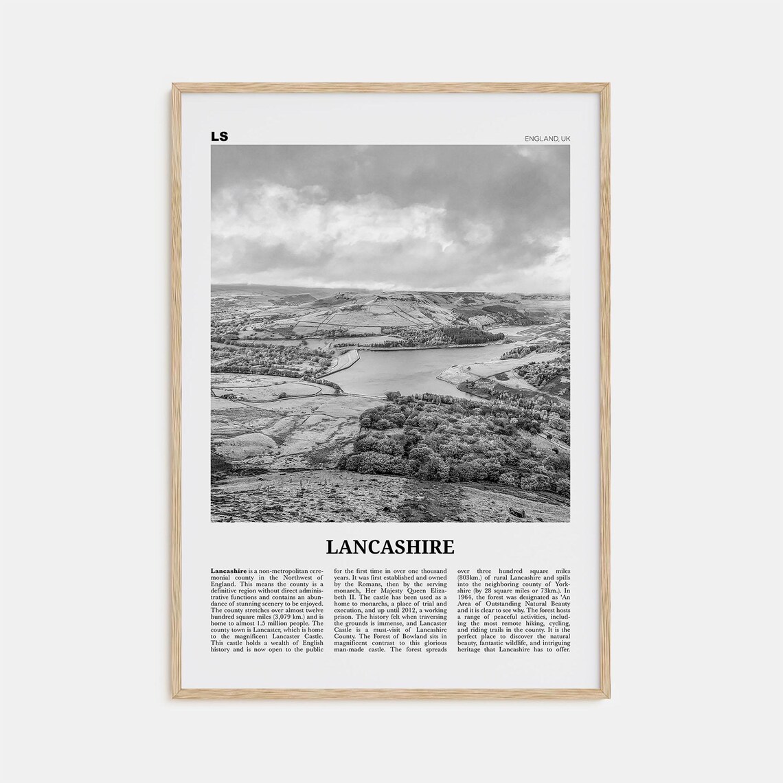 Lancashire Black and White Map Art Print