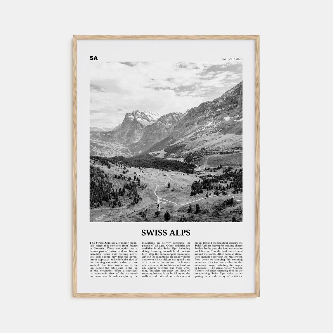 Swiss Alps Black And White Travel Poster Print