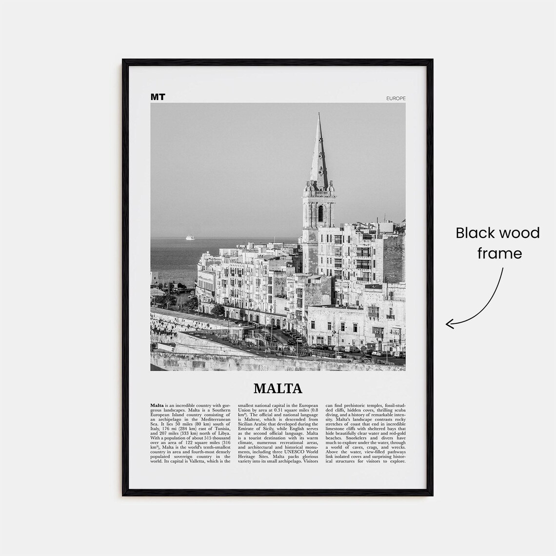 Malta Black and White Travel Poster, Valletta Europe - Image 3