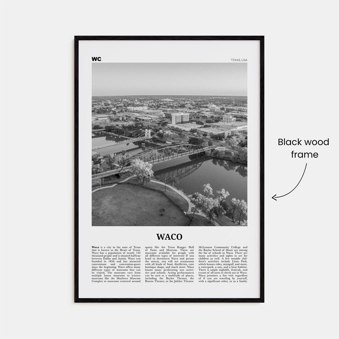 Waco Black and White Travel Poster, Texas USA - Image 3
