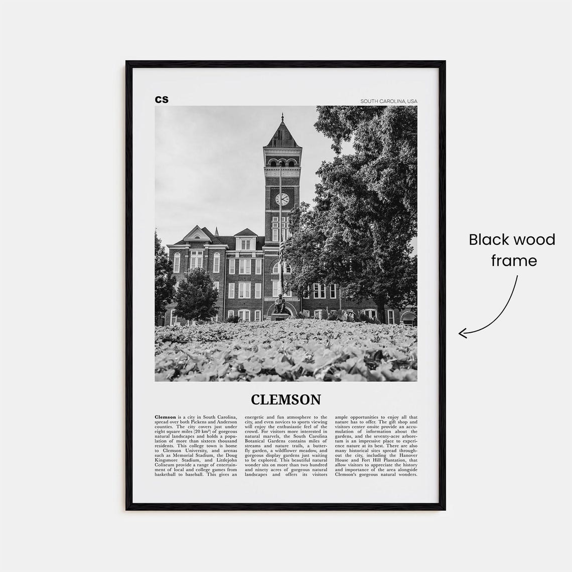 Clemson Black and White No. 1 South Carolina Map Poster - Image 3