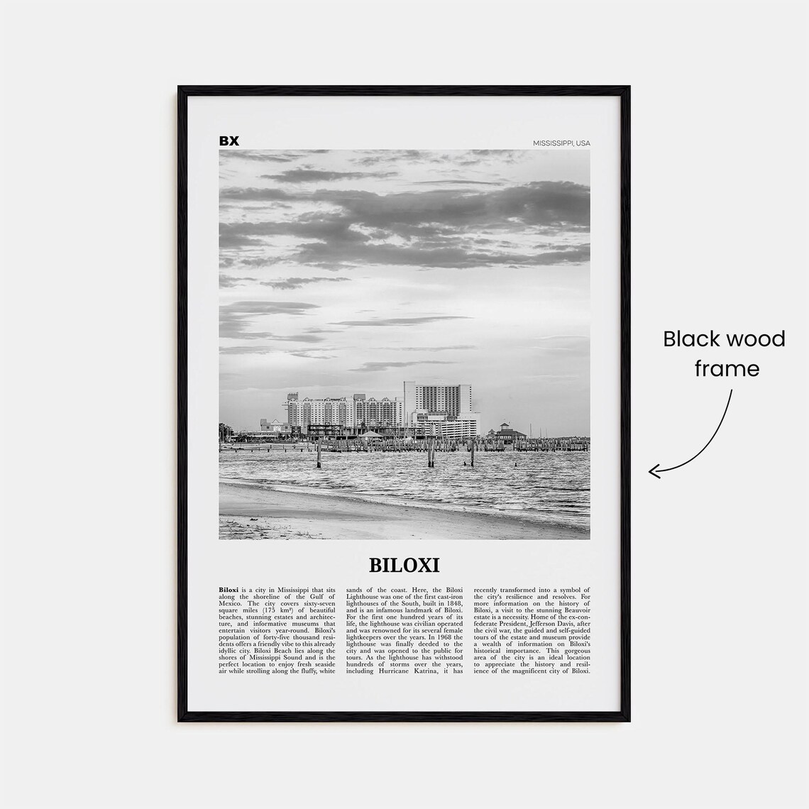 Biloxi Black and White Map Art Print, Mississippi - Image 3