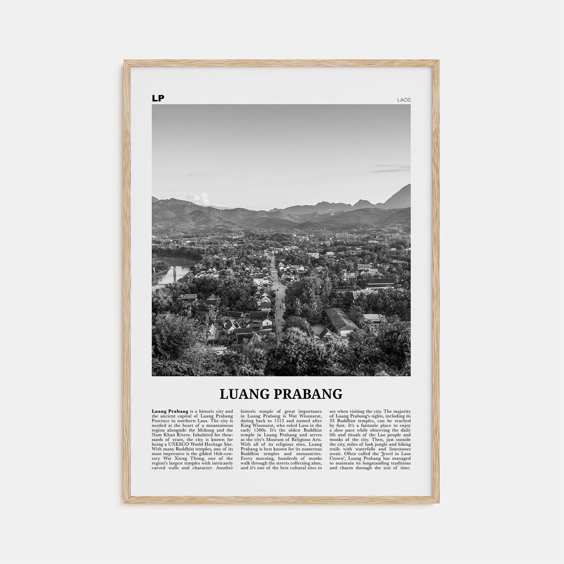 Luang Prabang Black and White Travel Poster, Map