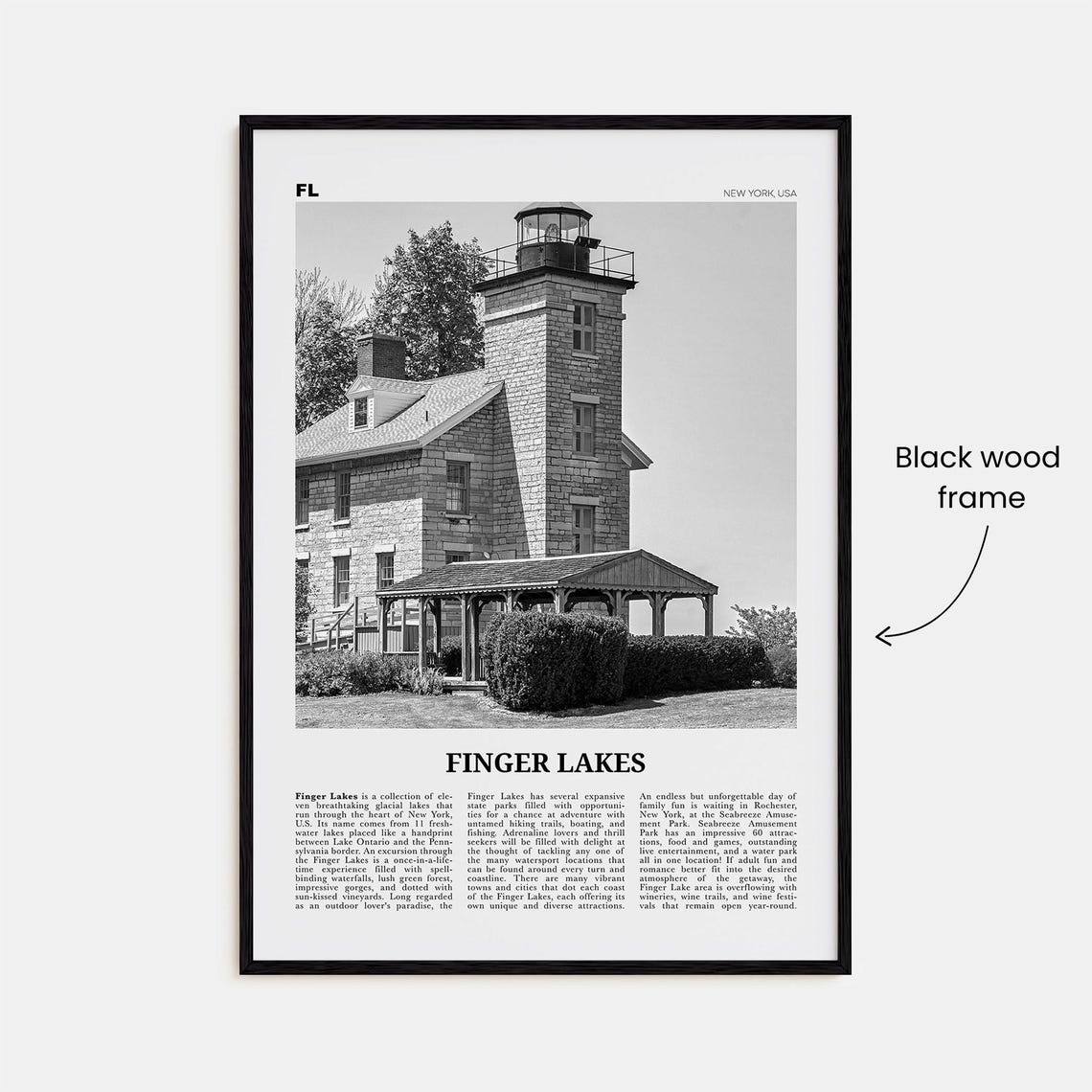 Finger Lakes Black and White Travel Poster, New York - Image 3