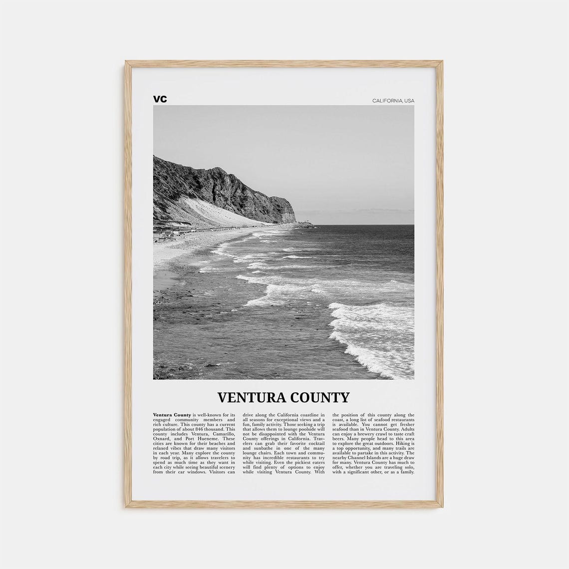 Ventura County Black and White Travel Poster, California