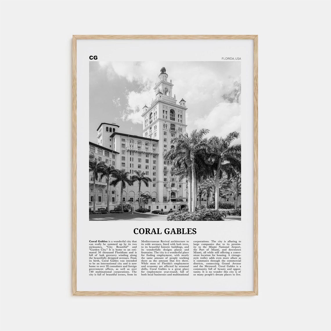 Coral Gables Florida Black and White Travel Poster