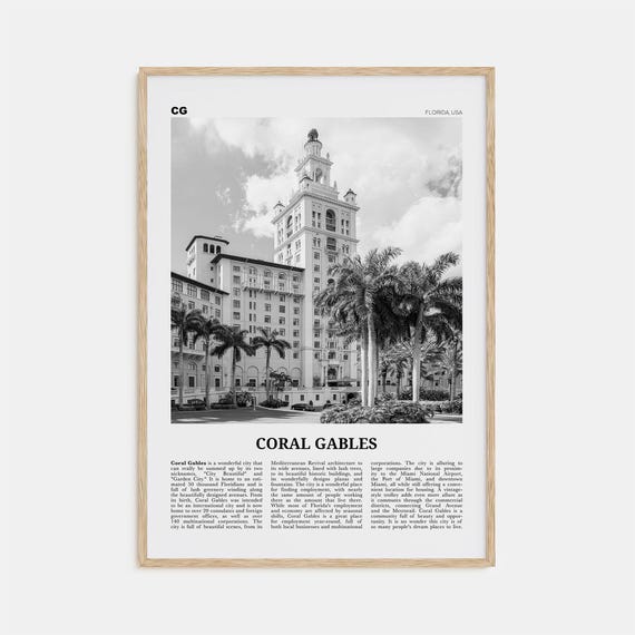 Coral Gables Florida Black and White Travel Poster