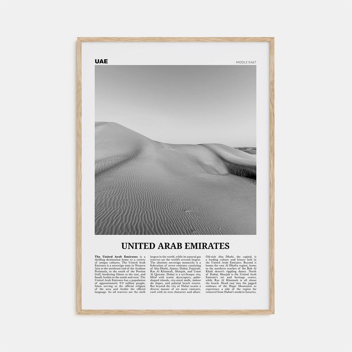 United Arab Emirates Black and White Poster, Dubai Abu Dhabi