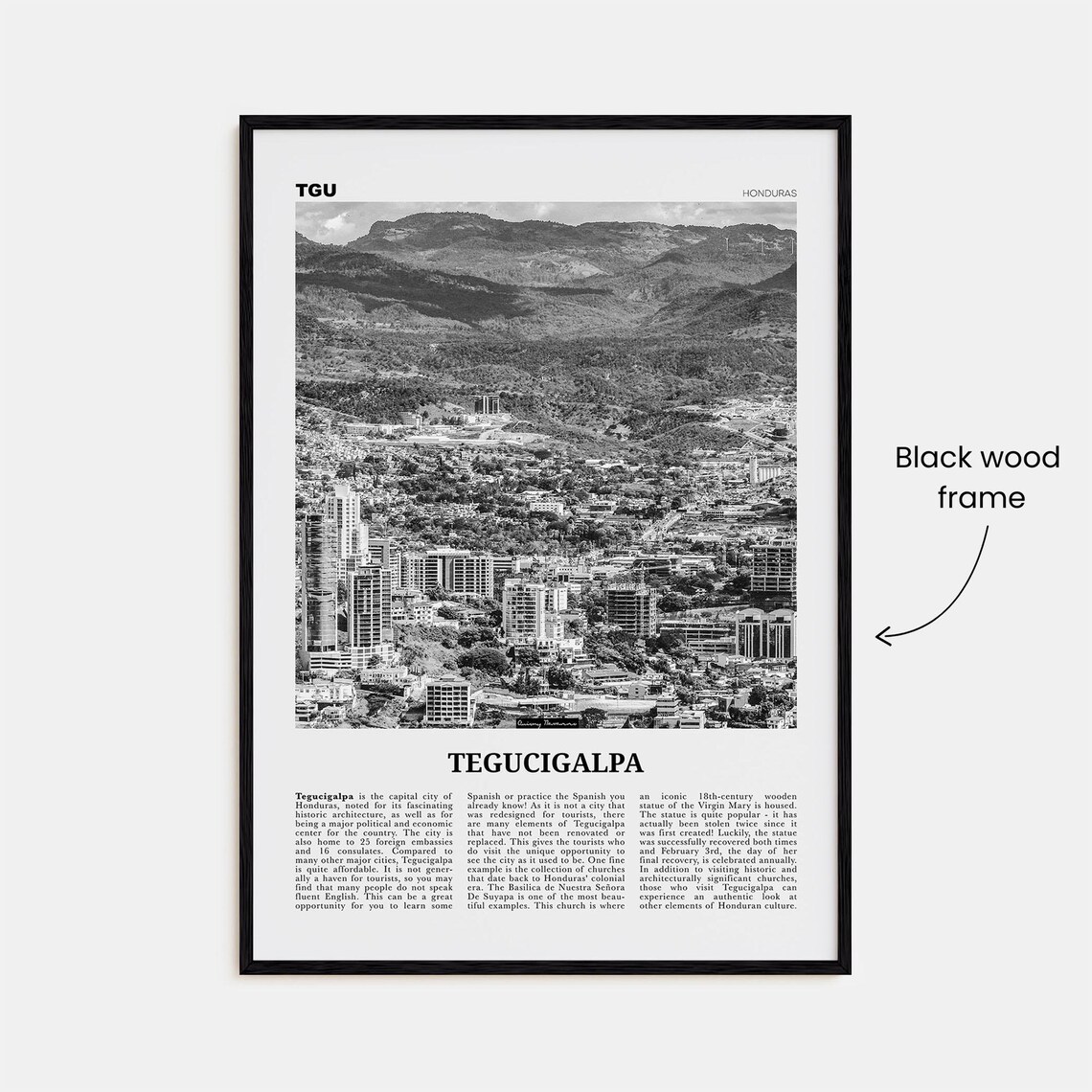 Tegucigalpa Black and White Travel Poster, Honduras - Image 3
