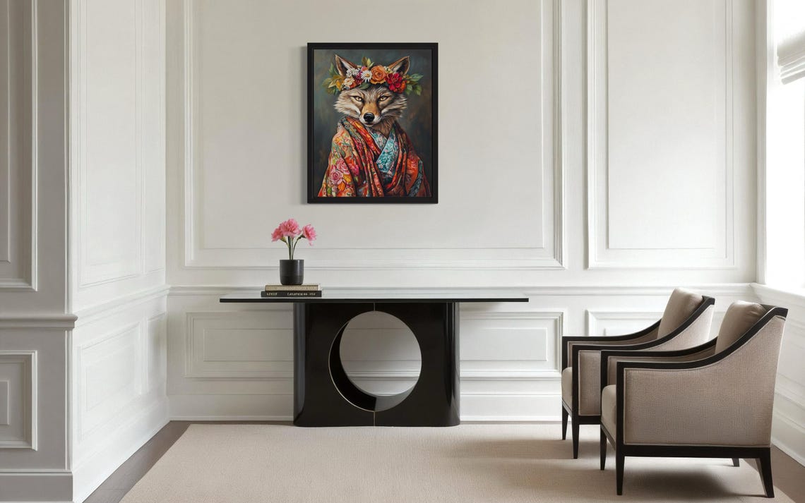 Jackal Wearing Flower Crown and Floral Robe Fine Art Decor Poster - Image 4