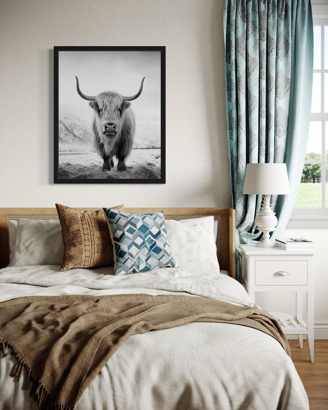 Highland Cow In Snow Black And White Portrait Photo Art Poster - Image 4
