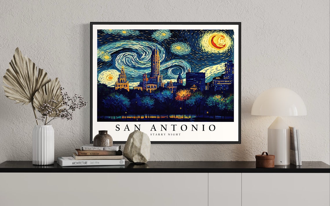 San Antonio Texas Starry Night Van Gogh Style Downtown Skyline Poster - Image 2