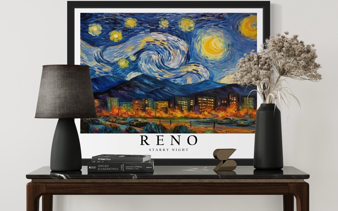 Reno Nevada Starry Night City Buildings Desert Mountains Art Poster - Image 3
