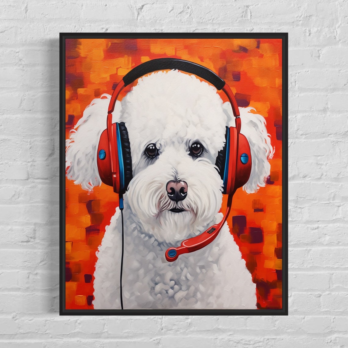 Bichon Frise Dog Wearing Red Headset Pop Art Music Studio Poster