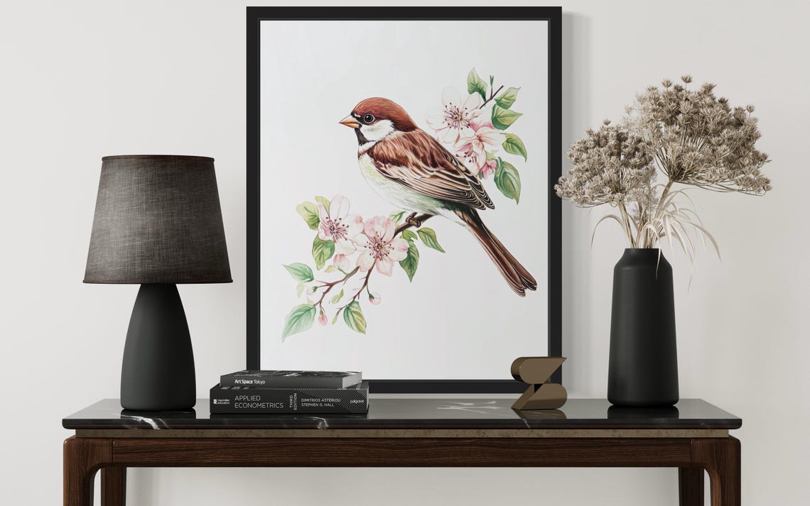 House Sparrow Perched on a Cherry Blossom Branch Watercolor Poster - Image 2