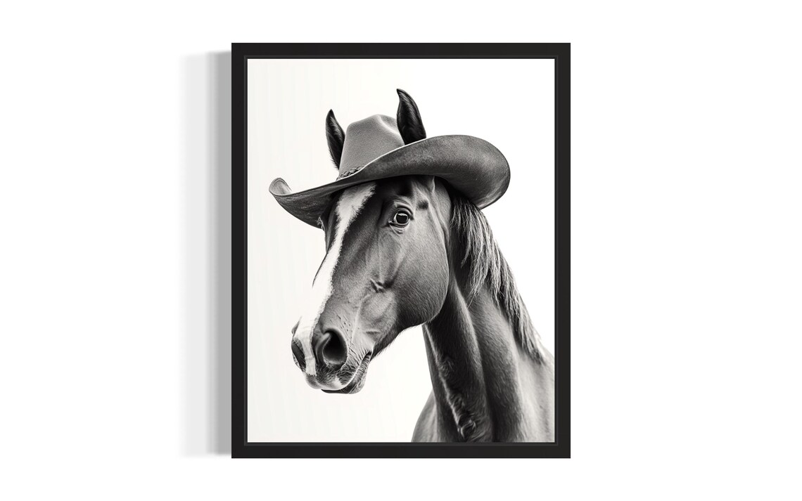 Horse Wearing Cowboy Hat Black and White Western Portrait Poster