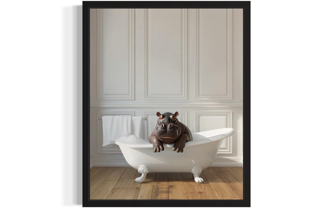Baby Hippo Leaning Over a White Clawfoot Bathtub Photo Poster