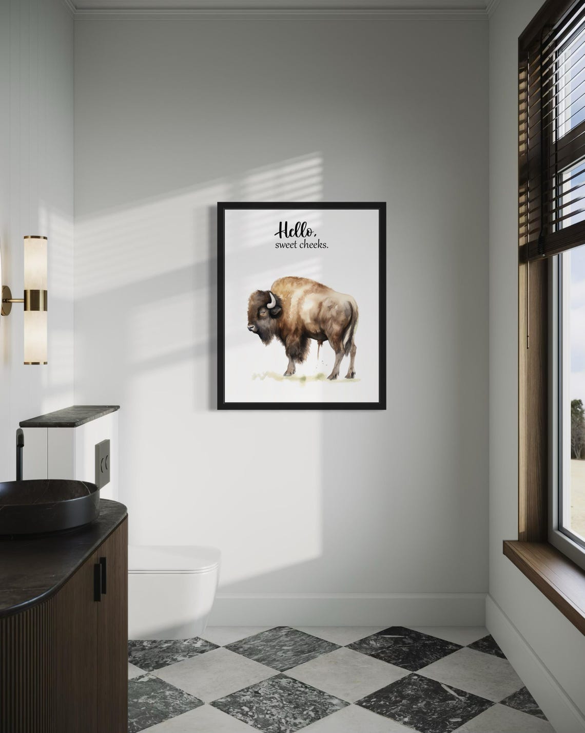 Painted Bison Watercolor Hello Sweet Cheeks Funny Bathroom Poster - Image 4