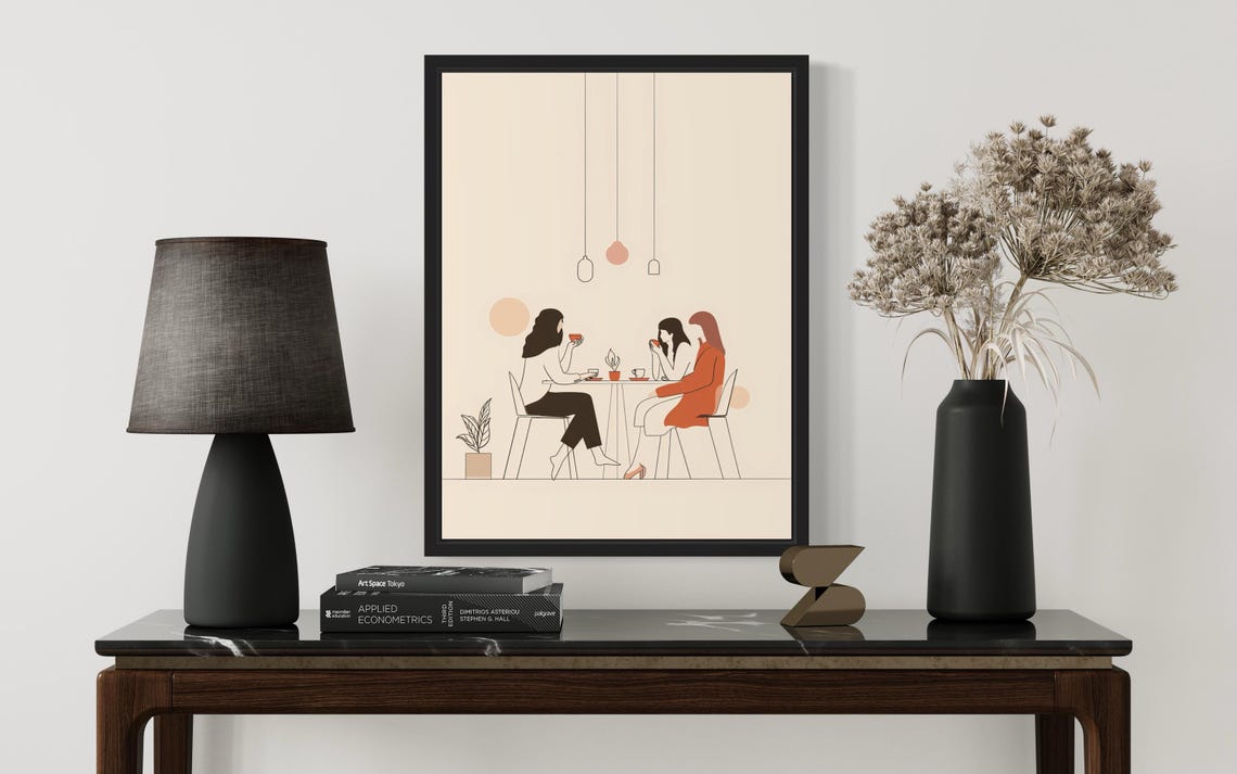 Three Friends Coffee Date Minimalist Cafe Boho Women Art Poster - Image 3