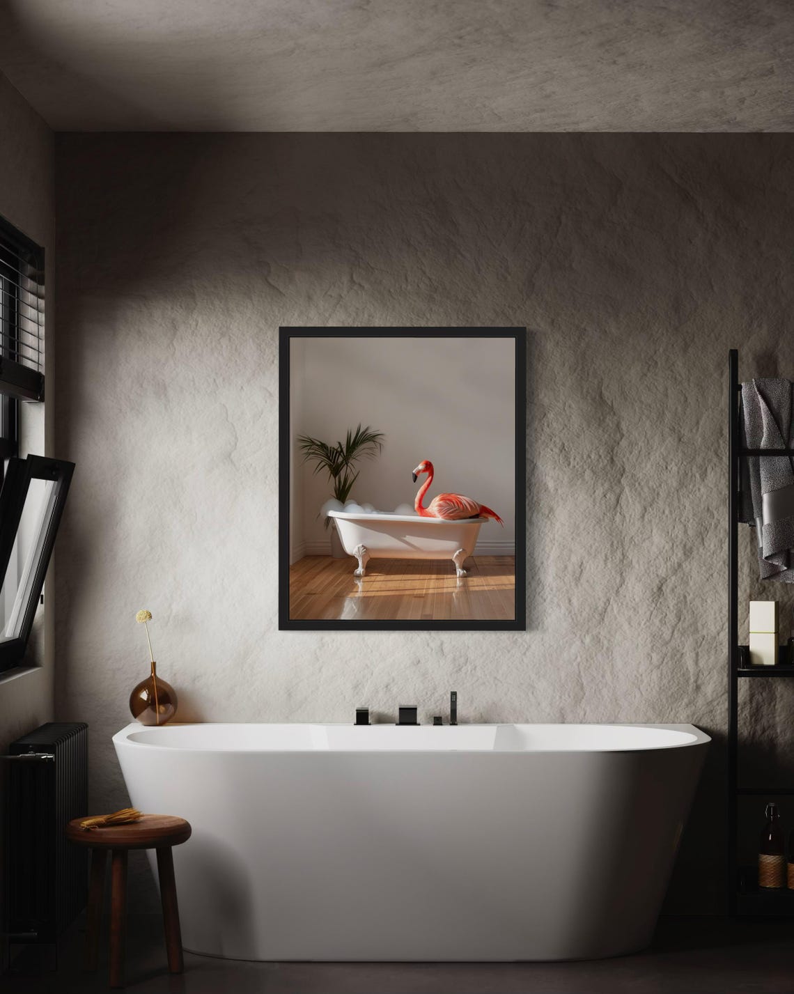 Flamingo Perched on a White Clawfoot Bathtub in Sunlight Photo Poster - Image 3