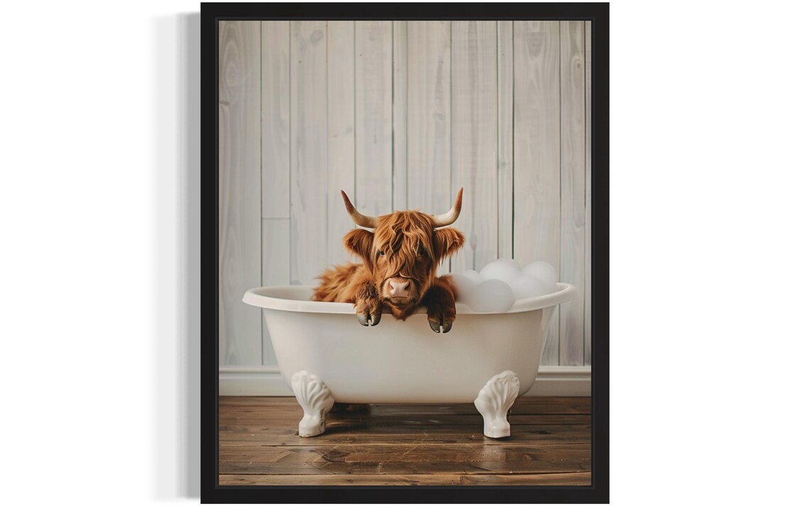 Highland Cow Soaking in a White Clawfoot Bubble Bath Tub Photo Poster