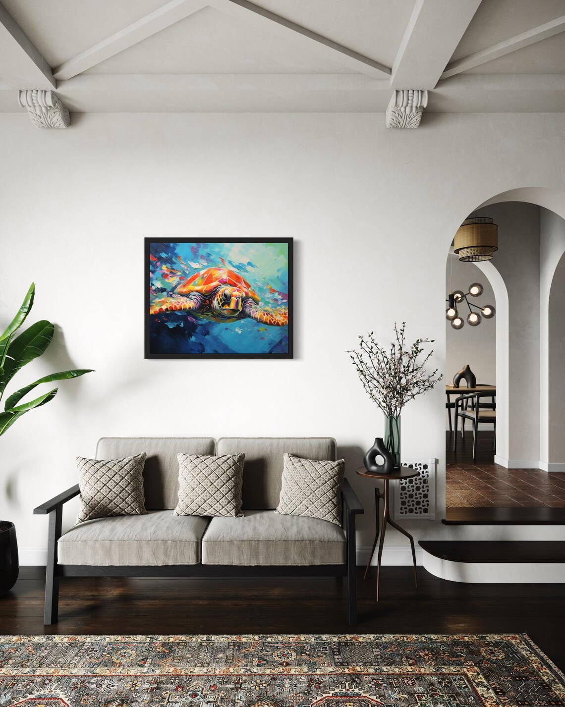 Colorful Sea Turtle Swimming in Deep Blue Ocean Painting Poster - Image 2
