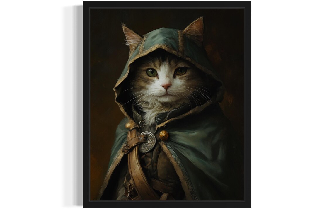 Cute Tabby Cat In Hooded Cloak Medieval Fantasy Portrait Poster