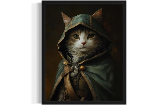 Cute Tabby Cat In Hooded Cloak Medieval Fantasy Portrait Poster